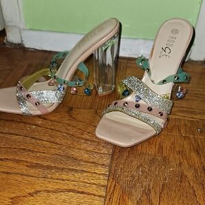 Rouge Helium Multicolor Studded Heels with Clear Block Heel